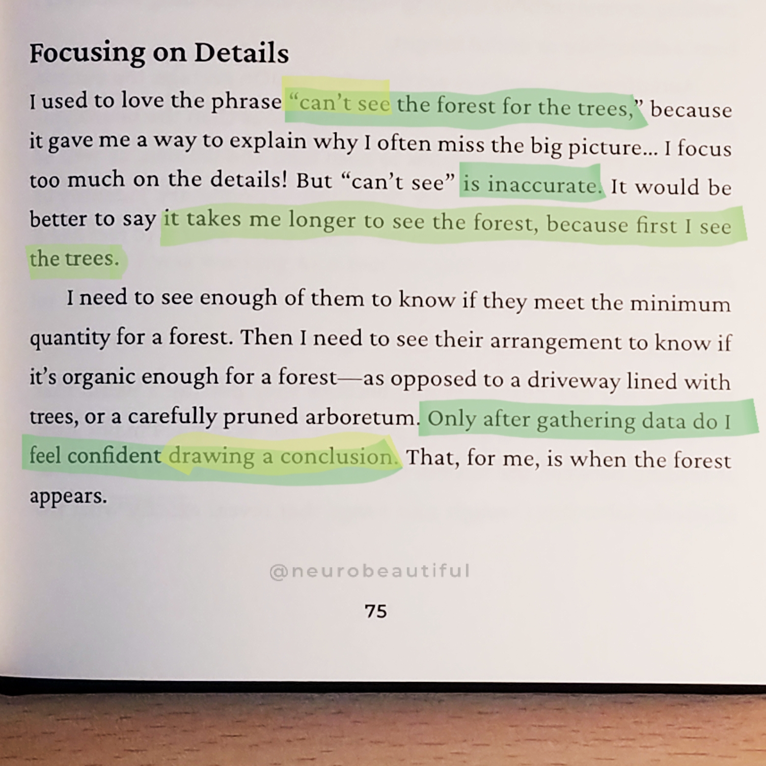 Photo of page with small text highlighted in shades of green. Click for full image description on Facebook.
